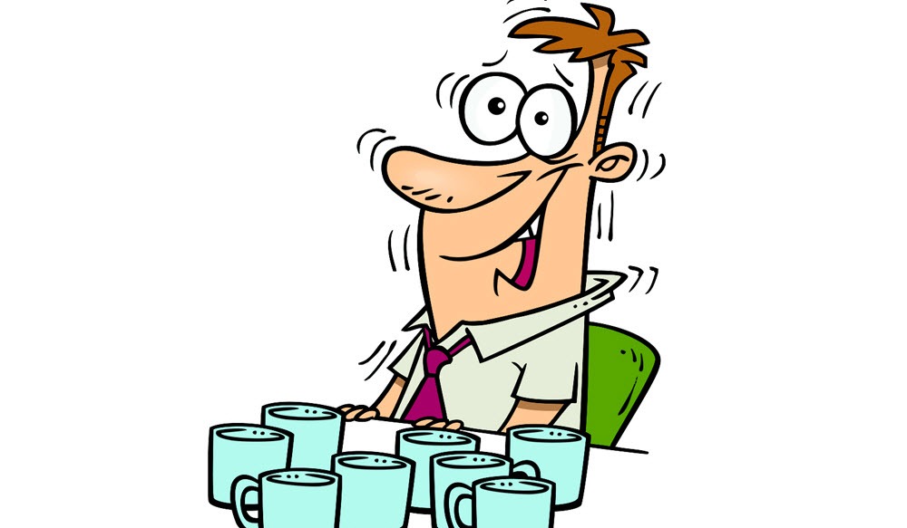 Animated character gearing up with caffeine for intense cycling training.