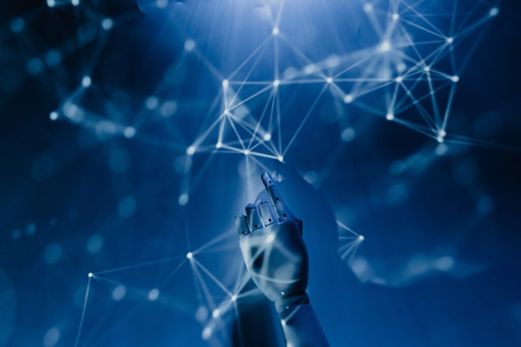 Robot hand reaching out amid glowing digital nodes, symbolizing the intersection of AI and endurance training.