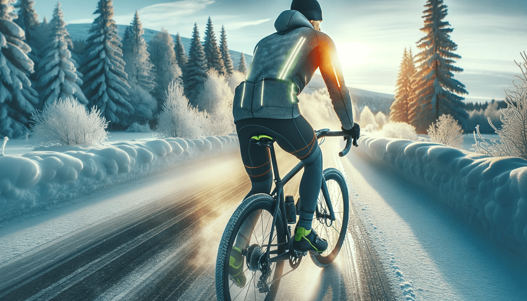 A dedicated cyclist trains on a snowy road amidst a tranquil winter landscape, showcasing the harmony of endurance and the season's beauty.