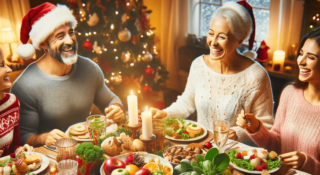 A diverse family enjoying a balanced holiday meal with a mix of healthy and indulgent foods in a warm, festive setting.