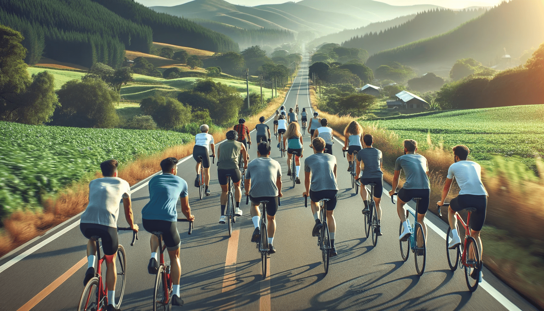 A diverse group of cyclists riding together on a scenic rural road, showcasing camaraderie and teamwork.