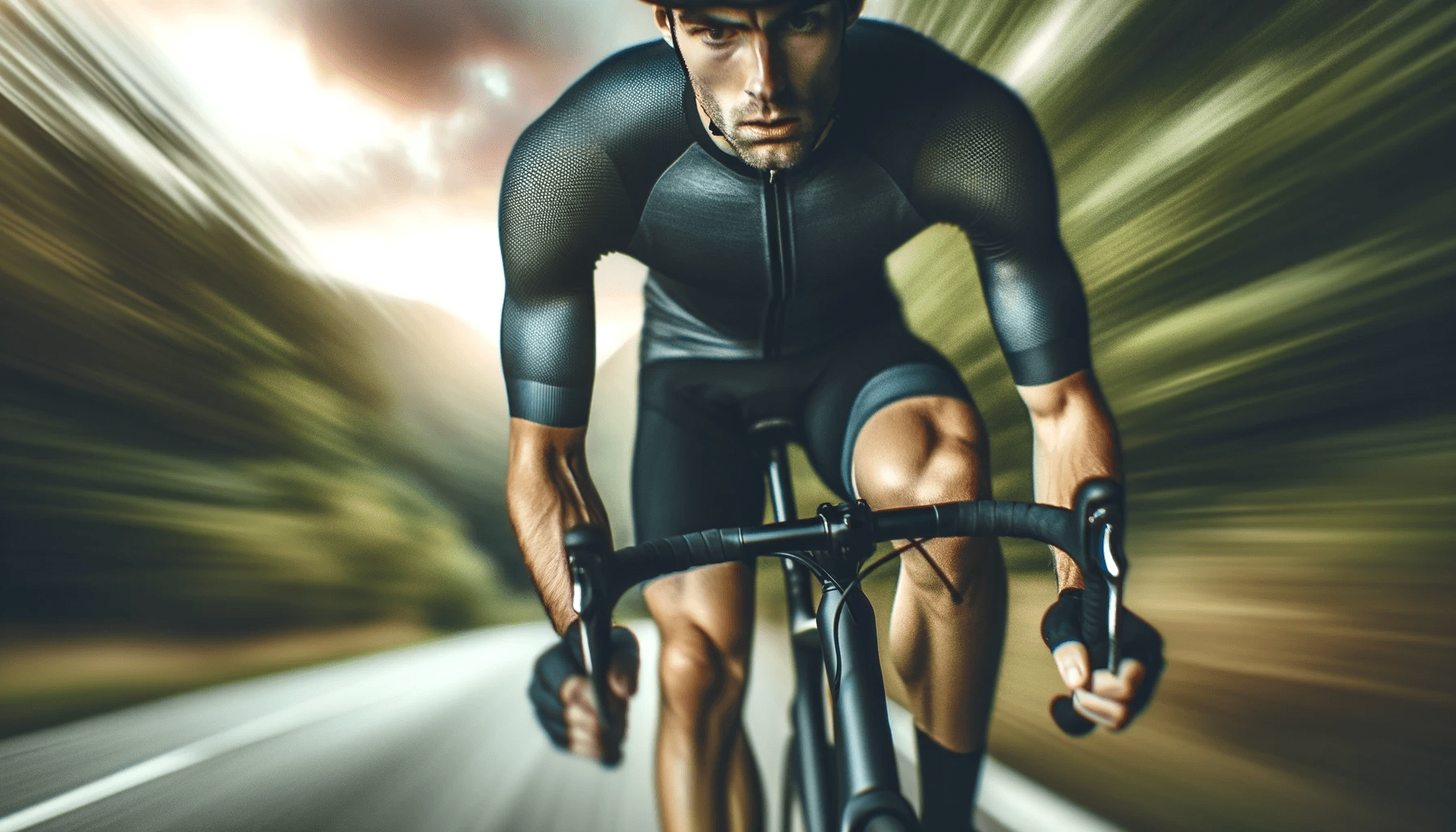 Cyclist in an intense training session on a road bike, focused and determined.