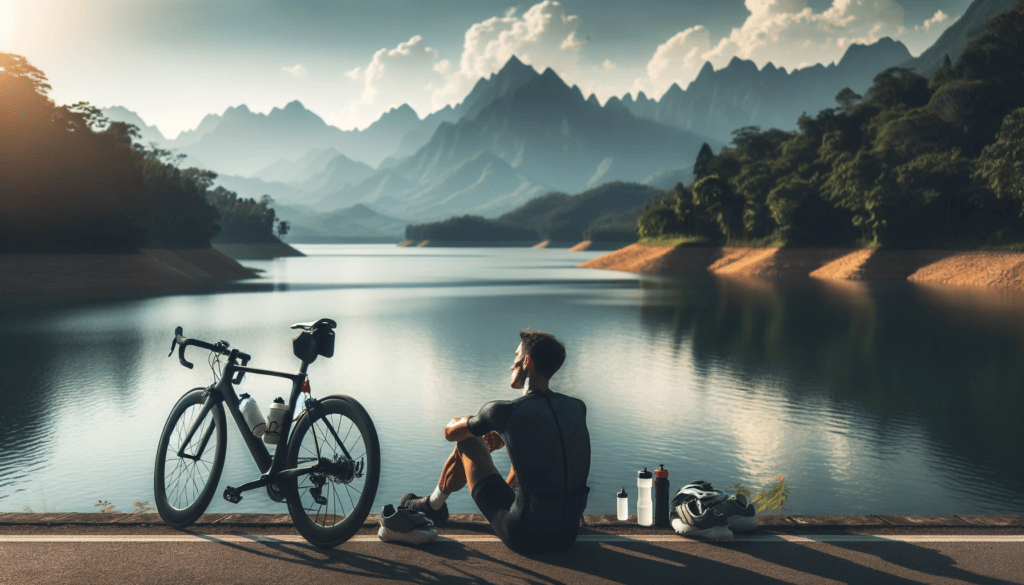 Cyclist resting beside their bike, enjoying a peaceful lake and mountain view.