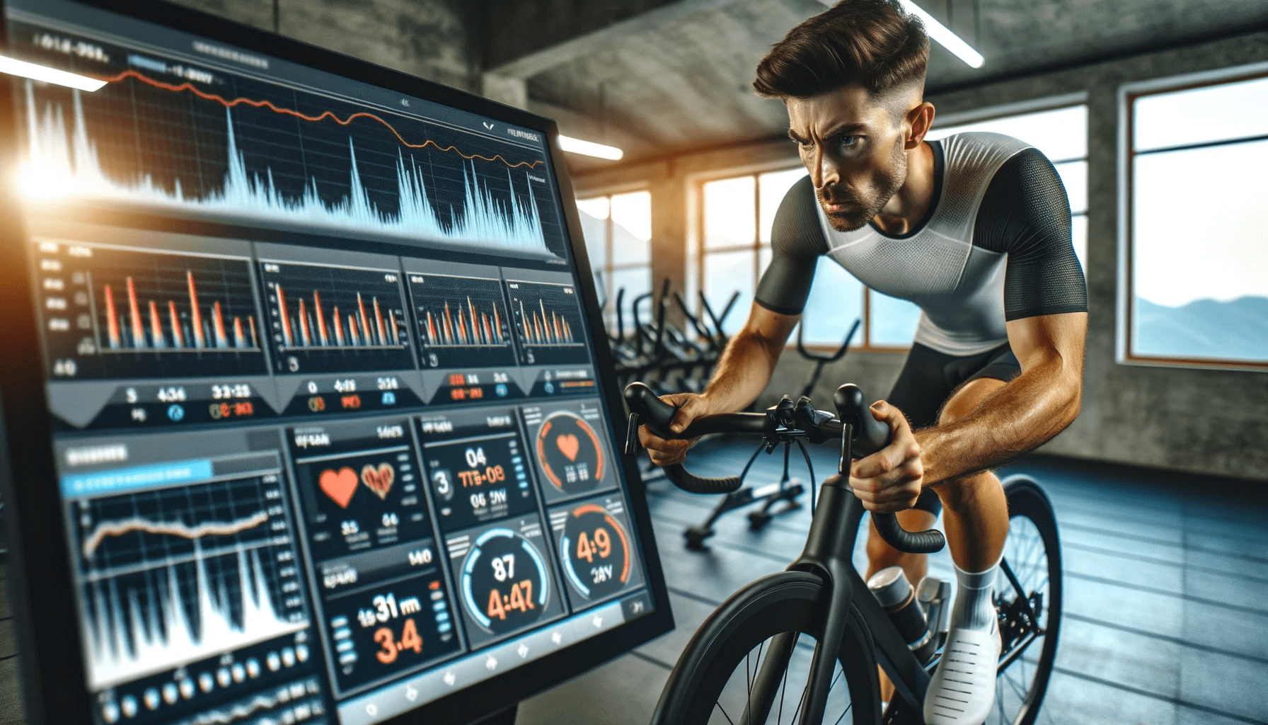 A cyclist intensely focused on their indoor workout, surrounded by advanced monitoring equipment.