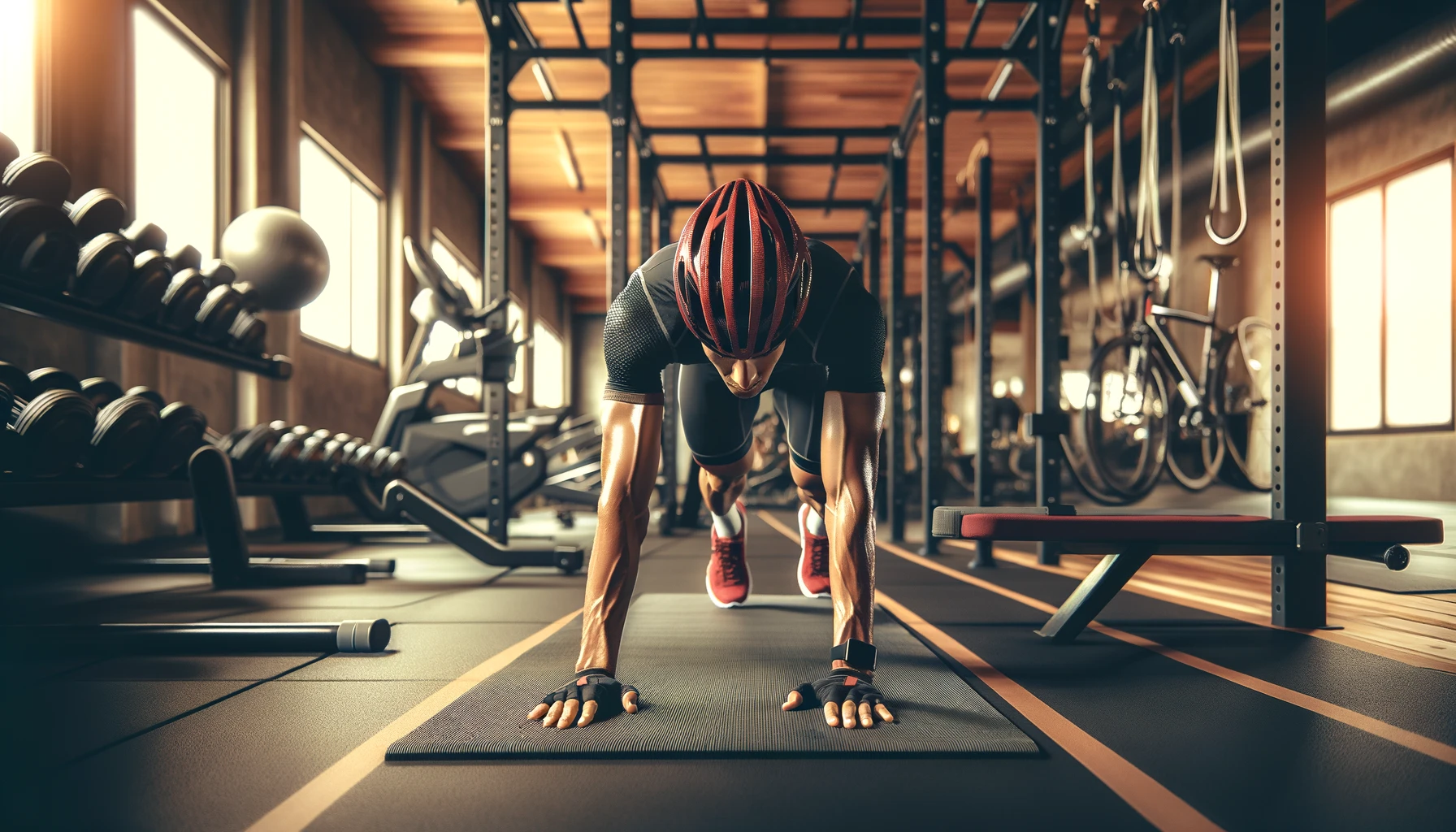 Cyclist performing a plank on a yoga mat in a gym, highlighting strength training for cyclists