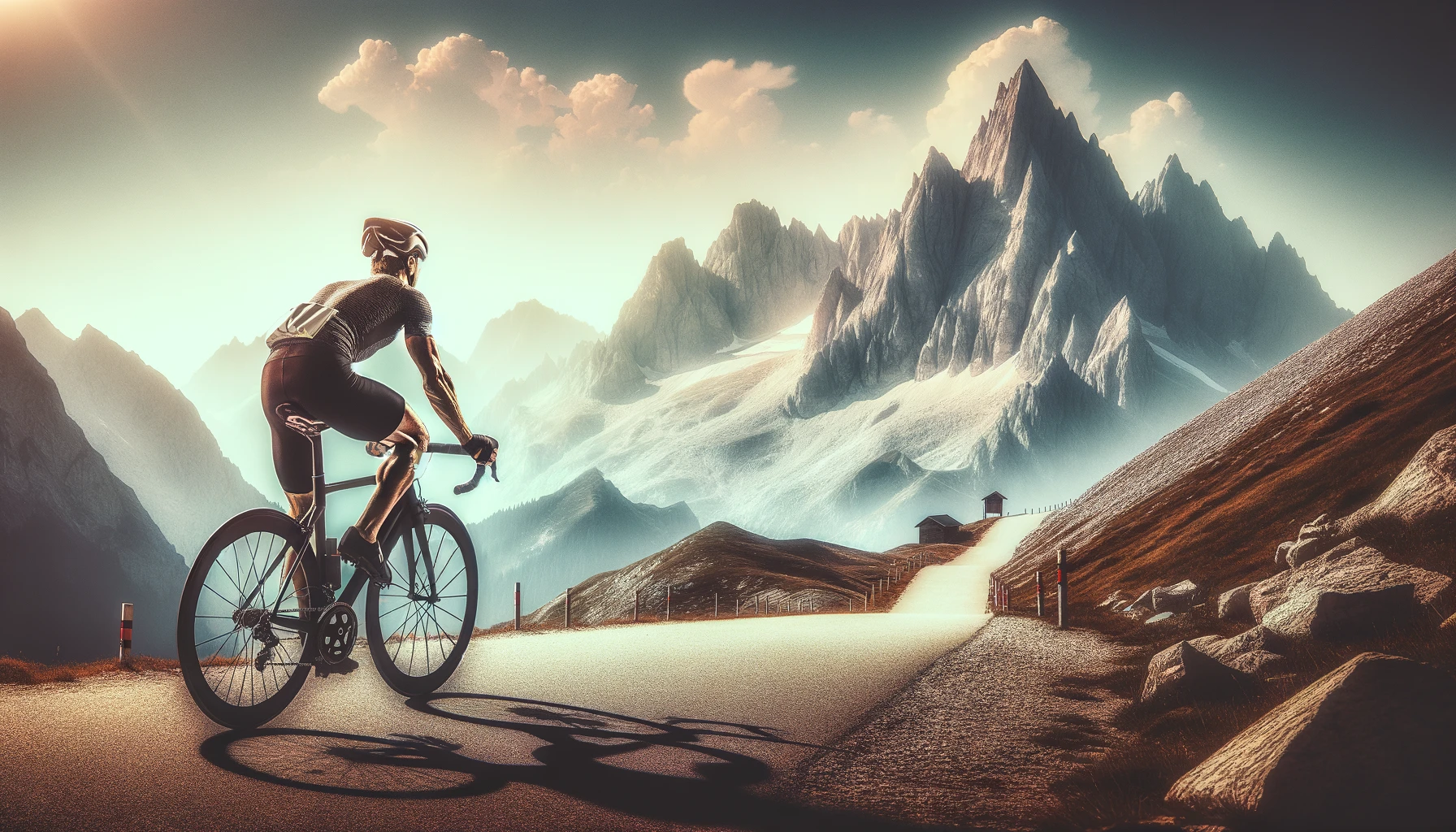 Cyclist standing on the pedals, conquering a mountain pass against a backdrop of towering mountains under a clear blue sky.