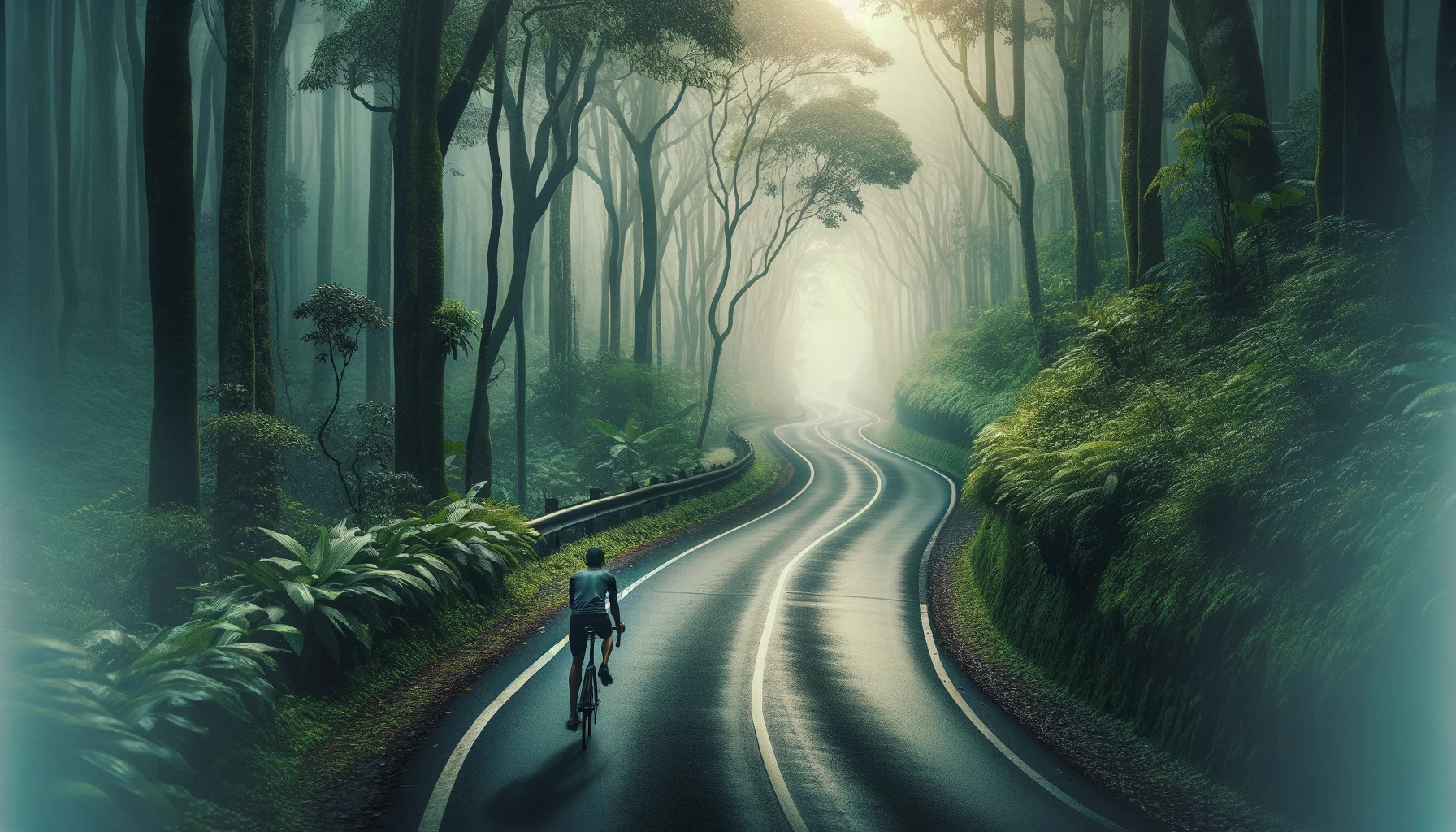 A cyclist rides through a misty forest on a serene early morning, surrounded by lush greenery and a tranquil atmosphere.