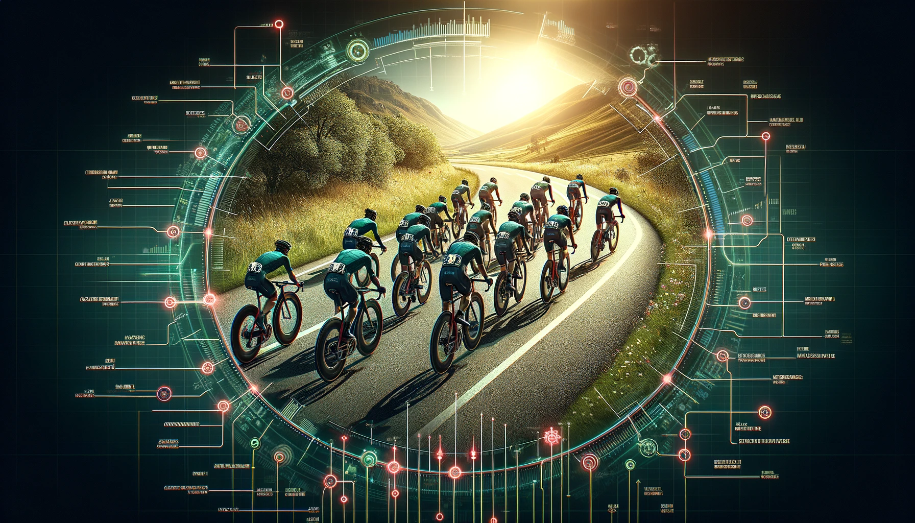 A group of cyclists in a peloton, demonstrating teamwork and strategic positioning in cycling. Benefiting from understanding and utilising their VLaMax for cycling