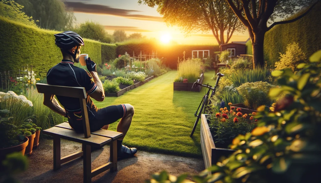 Cyclist in gear enjoying a break in the garden at sunset.