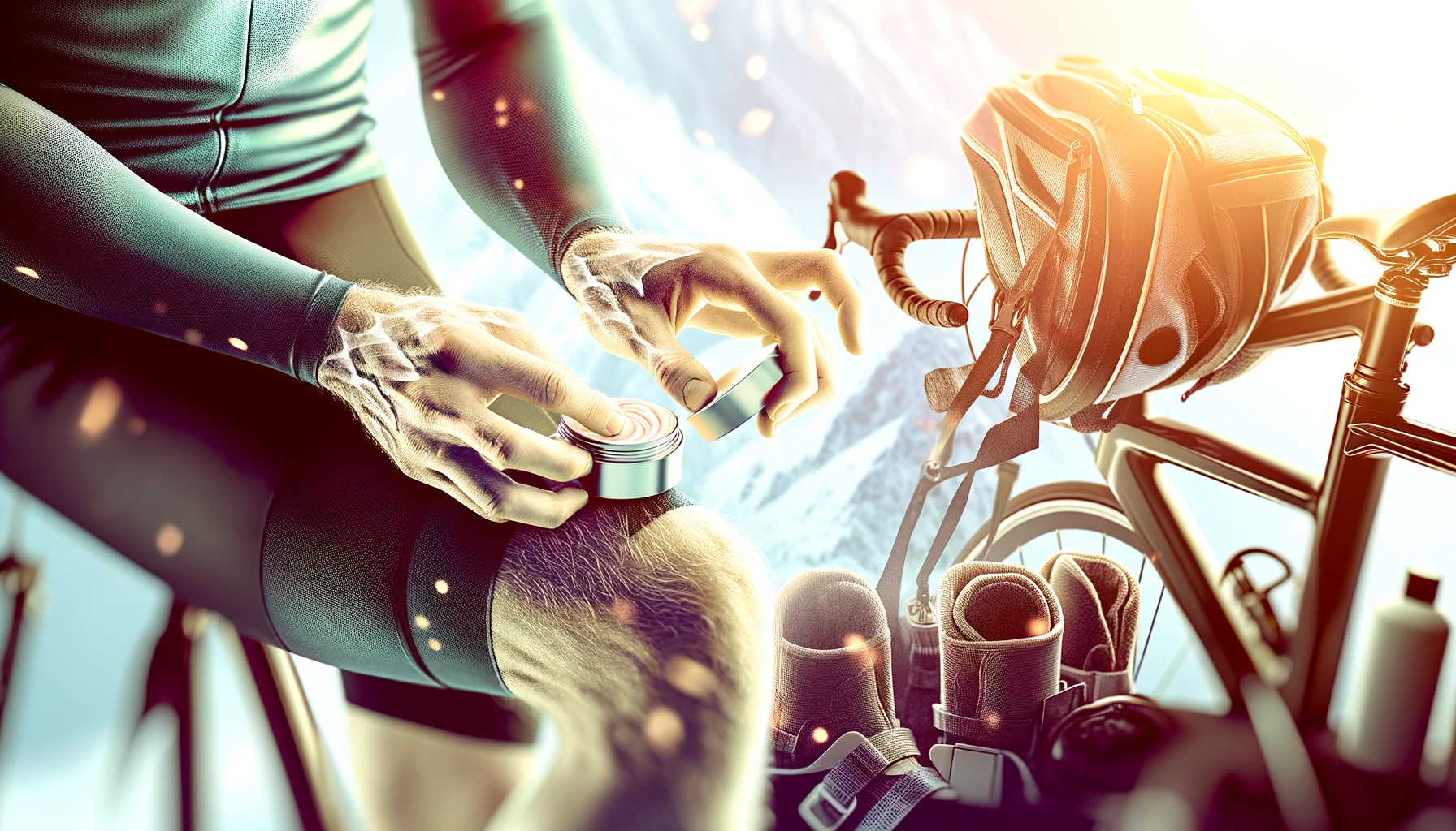 Cyclist applying chamois cream before a ride to prevent cycling saddle sores.