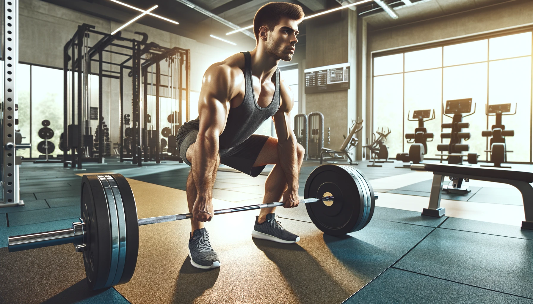 Cyclist performing a deadlift in a modern gym, focusing on strength building.