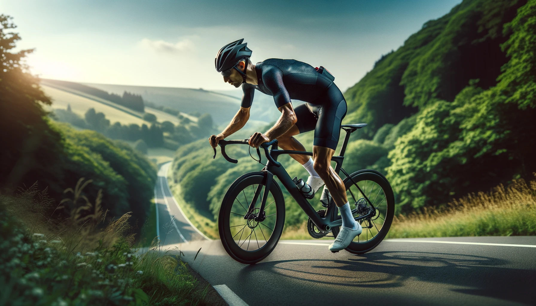 A competitive cyclist climbing a steep hill on a lightweight road bike, surrounded by lush greenery.