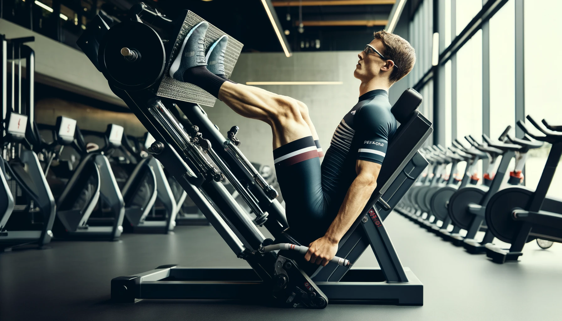 A cyclist performing strength training in a gym, focusing on leg muscles with a leg press machine.