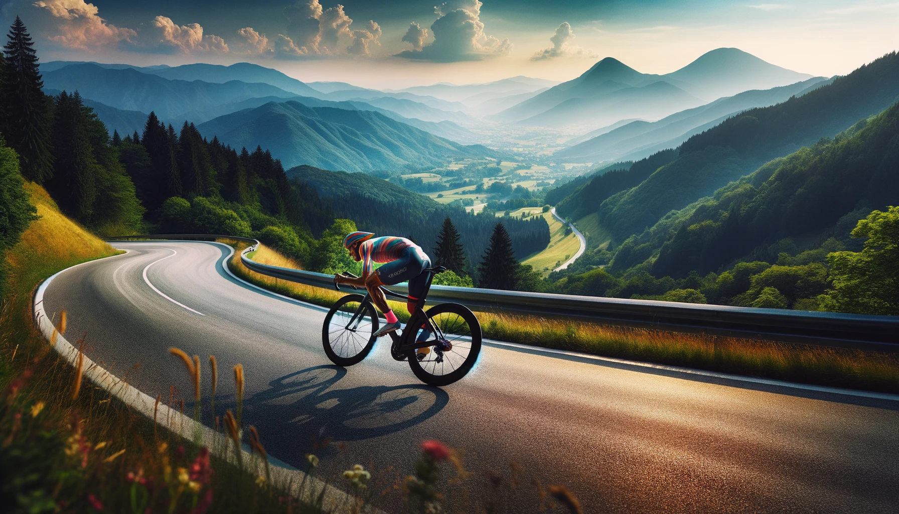 A cyclist practicing technical descending on a winding mountain road, surrounded by scenic views.
