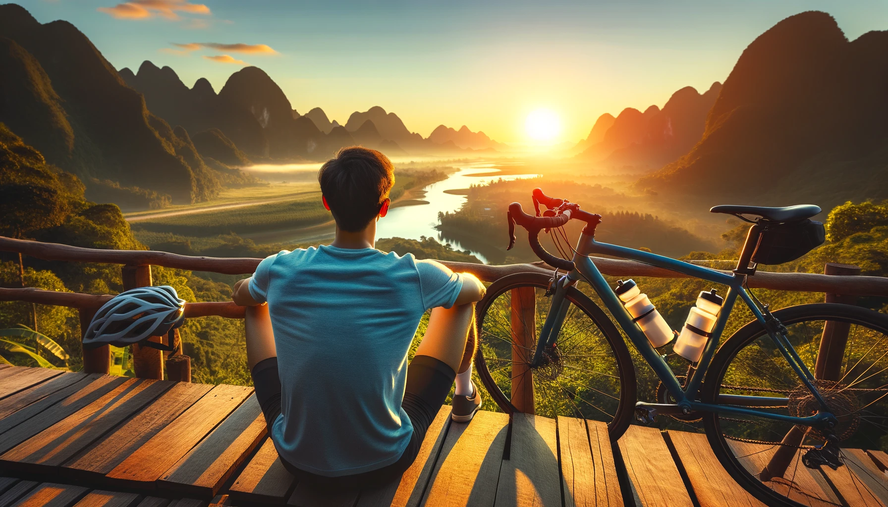 A cyclist enjoys a serene sunrise at a scenic overlook, reflecting on the mental health benefits of cycling.
