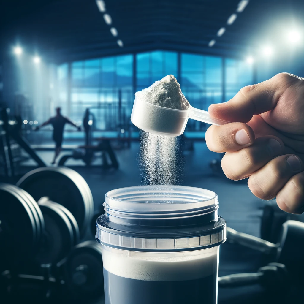 A close-up of a protein powder scoop being added to a shaker bottle, with a gym background.