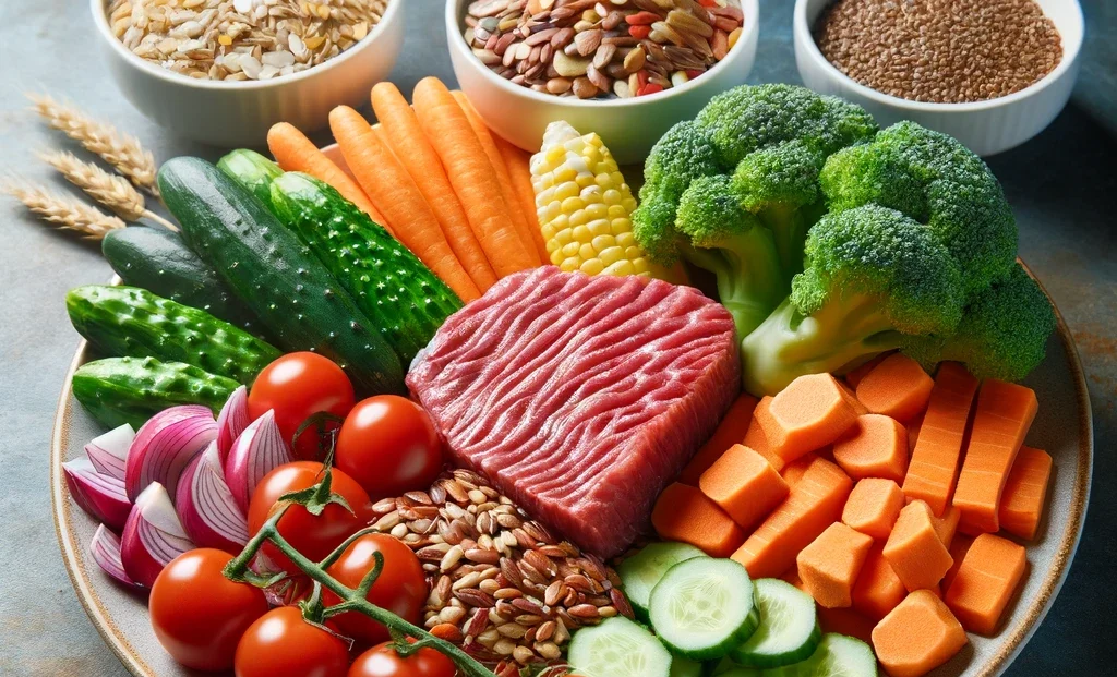 A balanced meal with colorful vegetables, lean protein, and whole grains on a plate, demonstrating a key part of 80:20 rule for healthy eating
