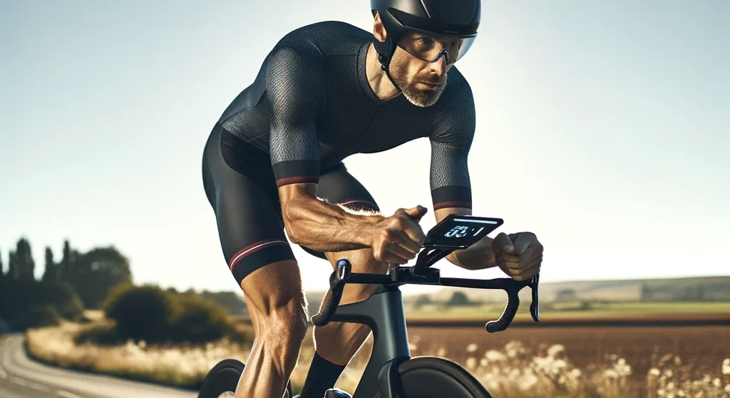 Cyclist performing a short, intense sprint on a countryside road, following polarised training for cyclists