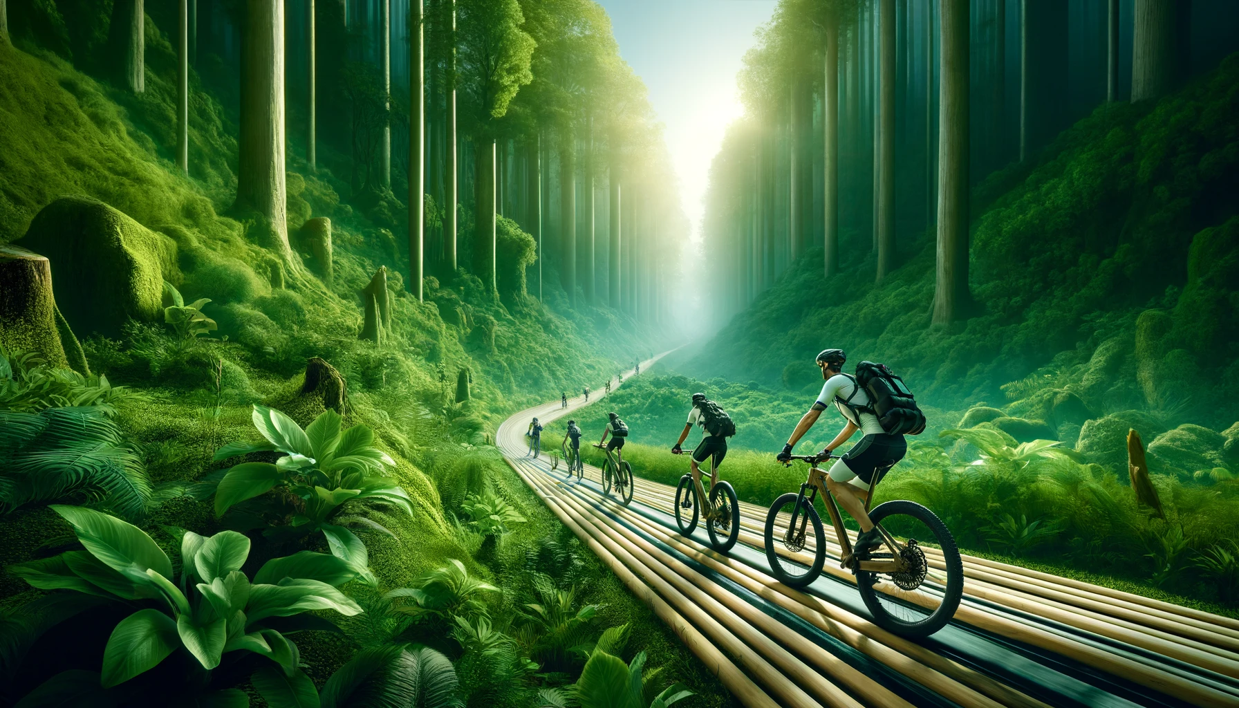 Cyclists participating in an eco-friendly ultra cycling event in a lush forest.
