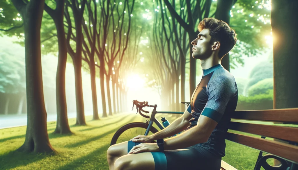 Cyclist practicing deep breathing exercises in a serene park setting to manage anxiety.