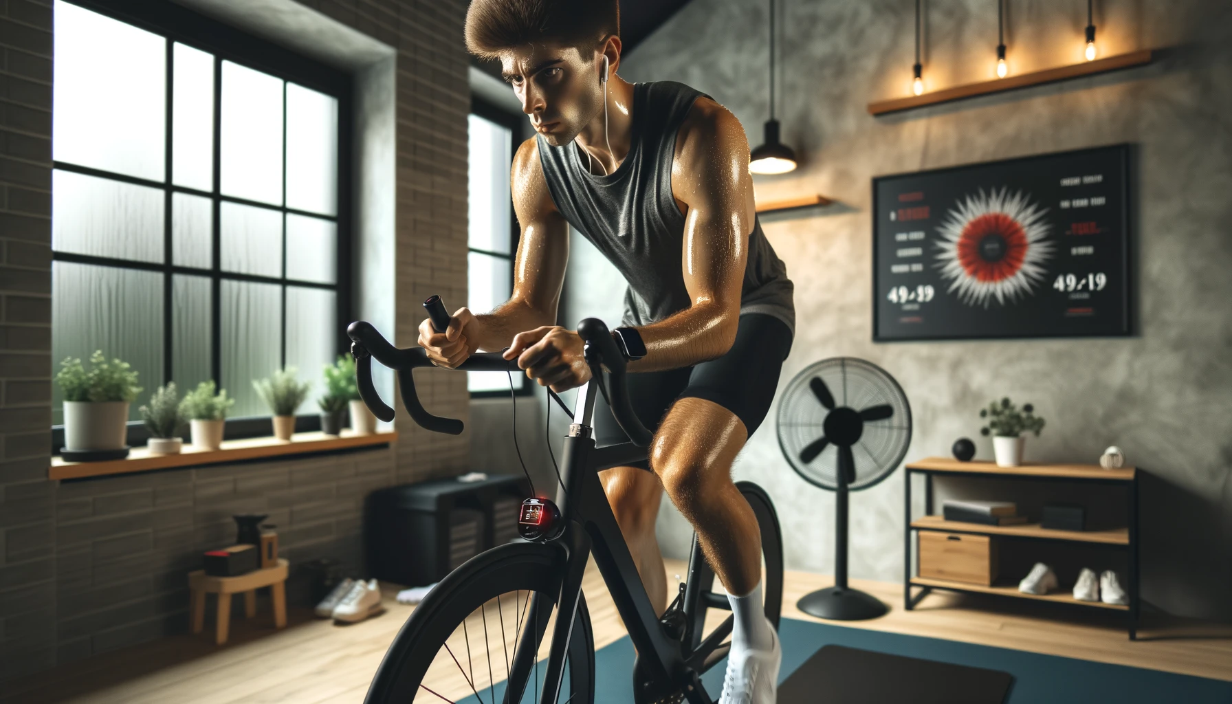 A cyclist on a stationary bike indoors, performing a high-cadence interval training session.