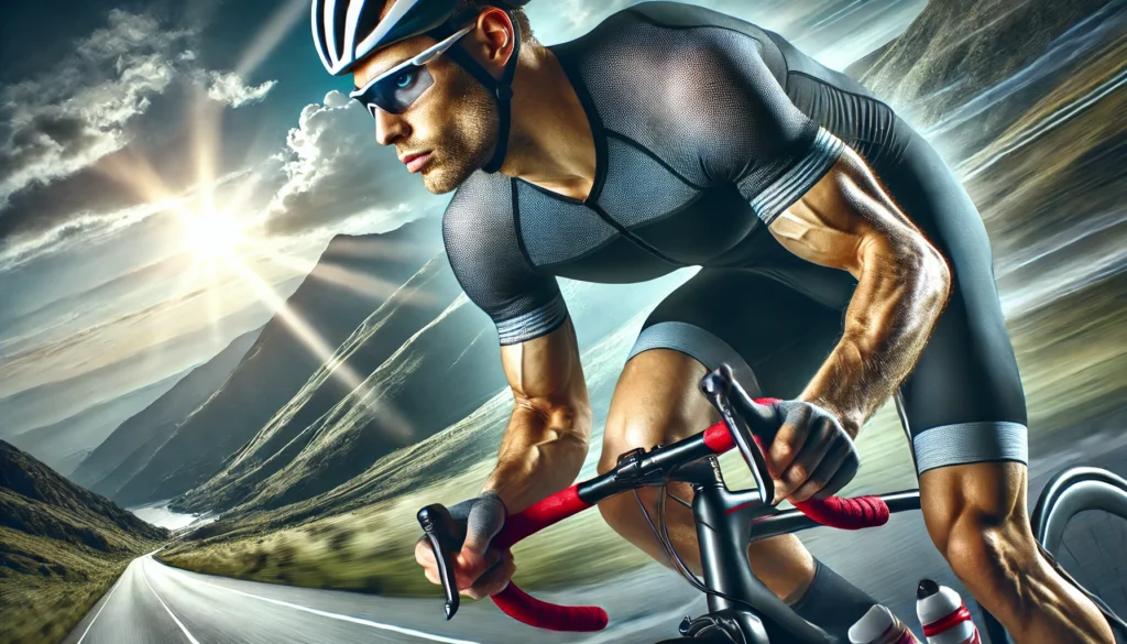 Cyclist riding at high speed on a mountainous route.