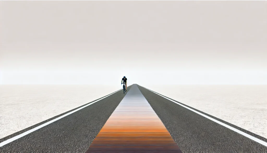 A minimalist illustration of a cyclist on a flat, straight road extending toward a clear horizon, symbolizing steady endurance and sustained energy expenditure.
