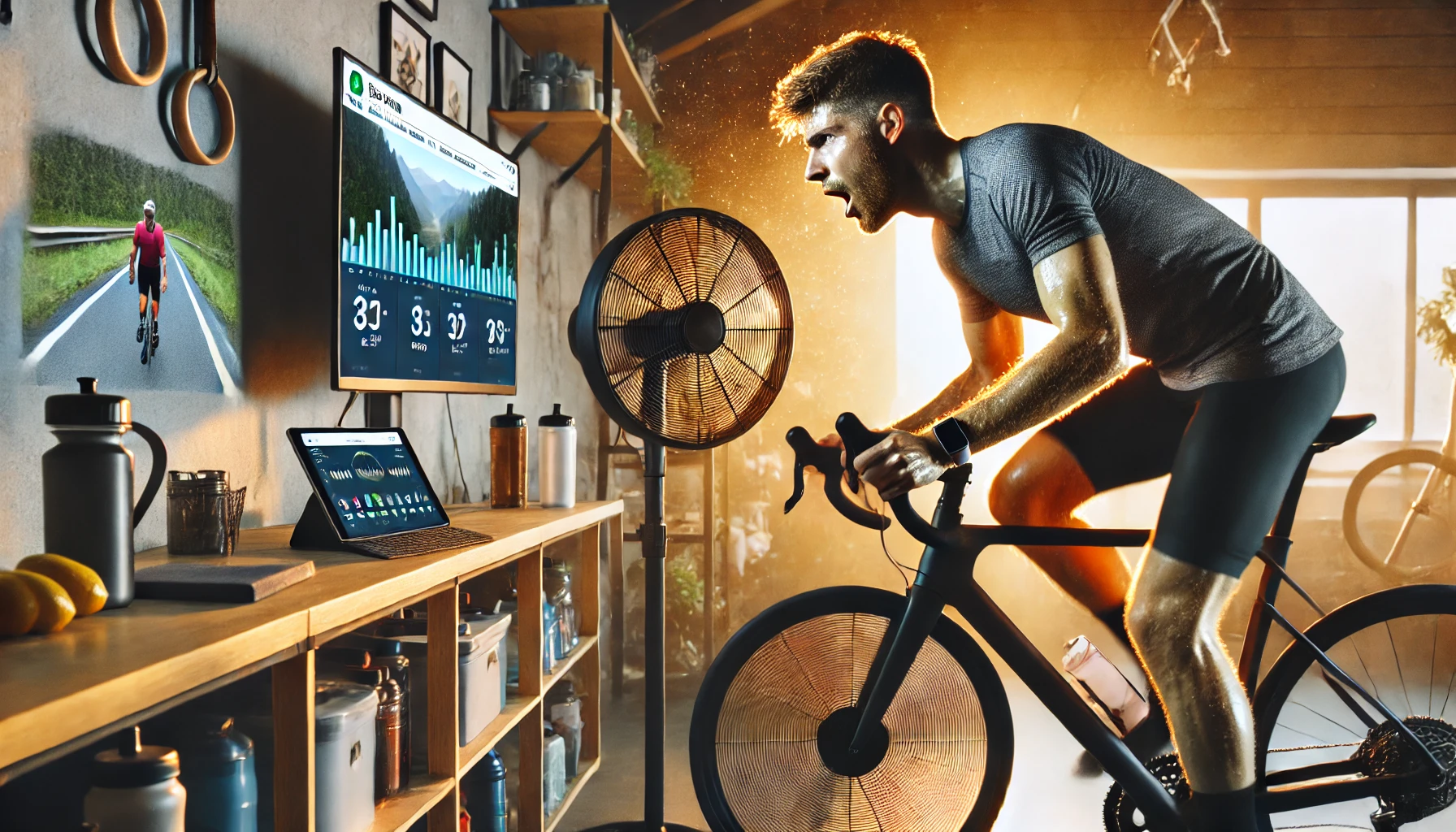 A cyclist performing high-intensity interval training on a smart trainer in a home gym with a fan and workout app display.