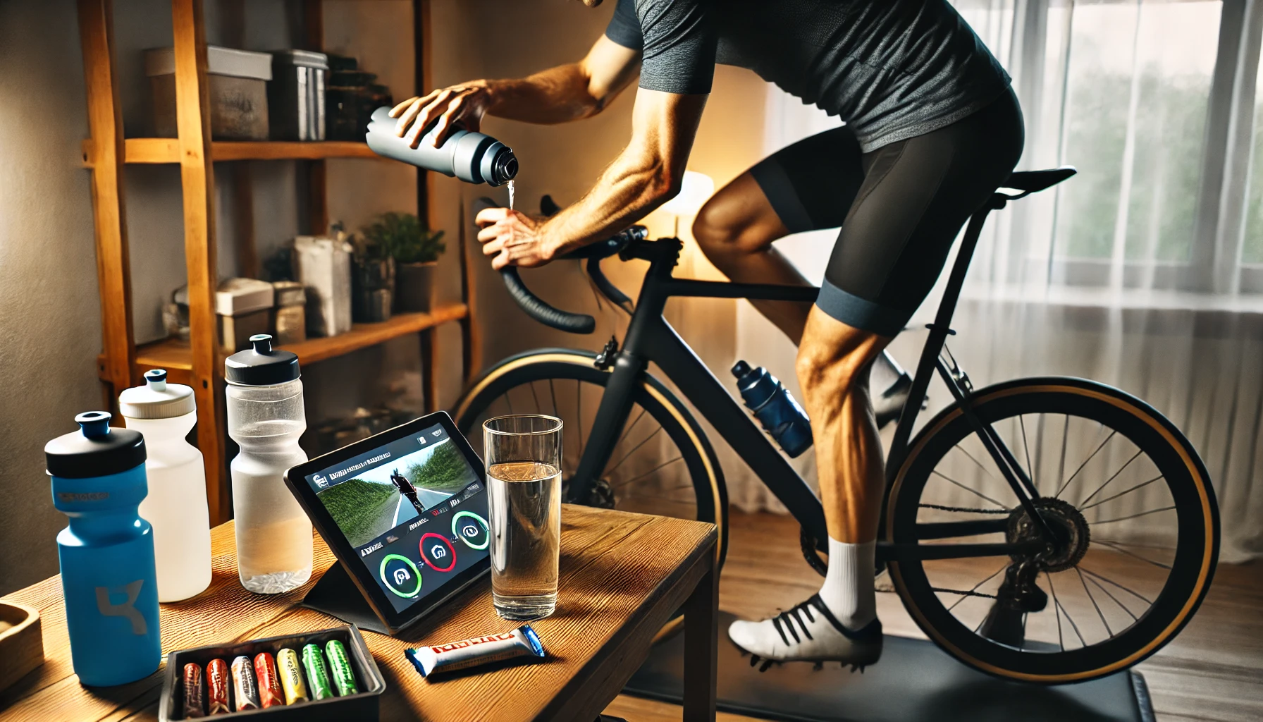 A cyclist reaching for a water bottle during an indoor session, with an energy bar on a nearby table in a home gym.