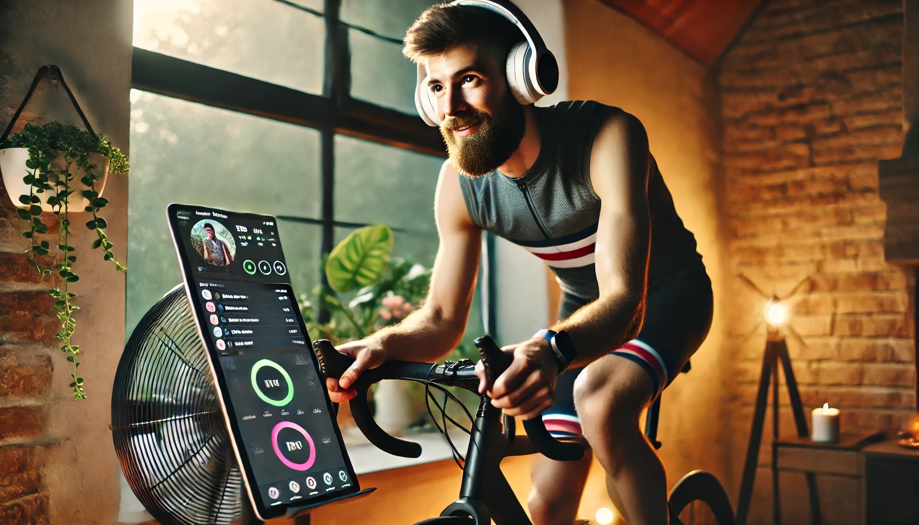 A cyclist riding indoors on a smart trainer, listening to music to make enjoying indoor cycling easier 