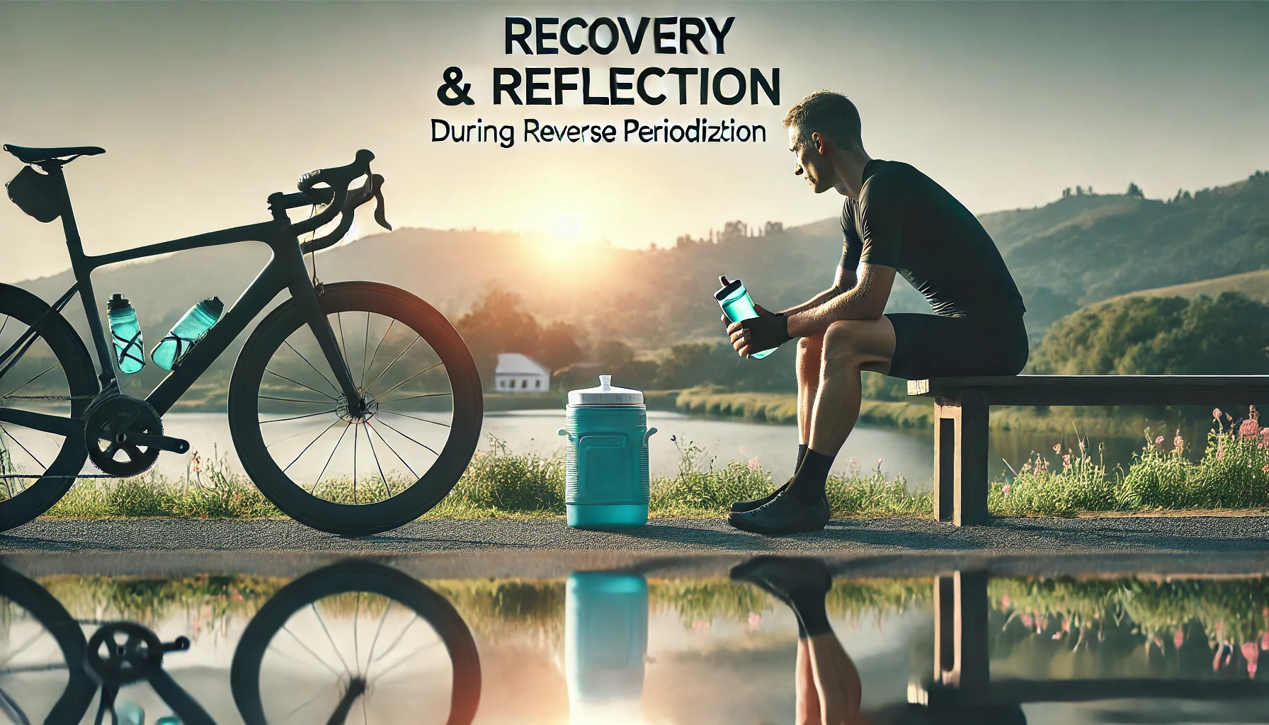 A cyclist resting on a bench beside their bike, rehydrating after a ride.