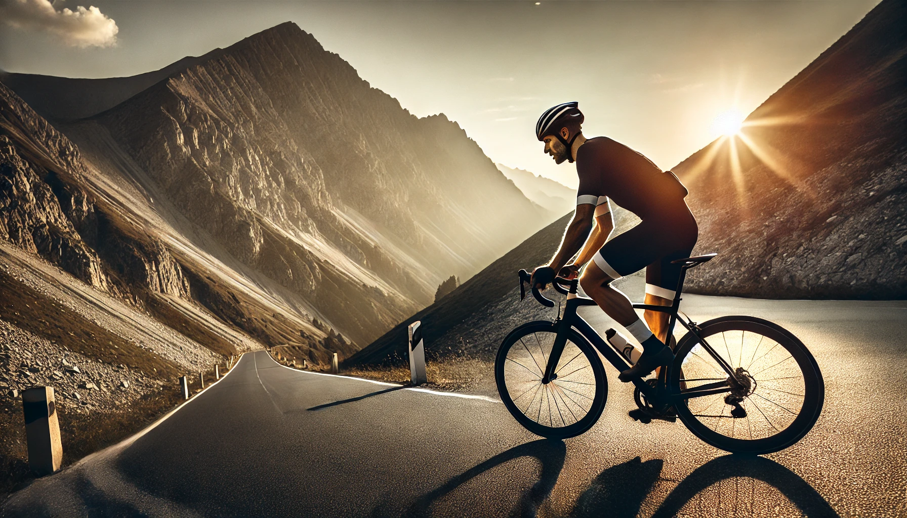 A cyclist climbing a steep mountain road at sunset.