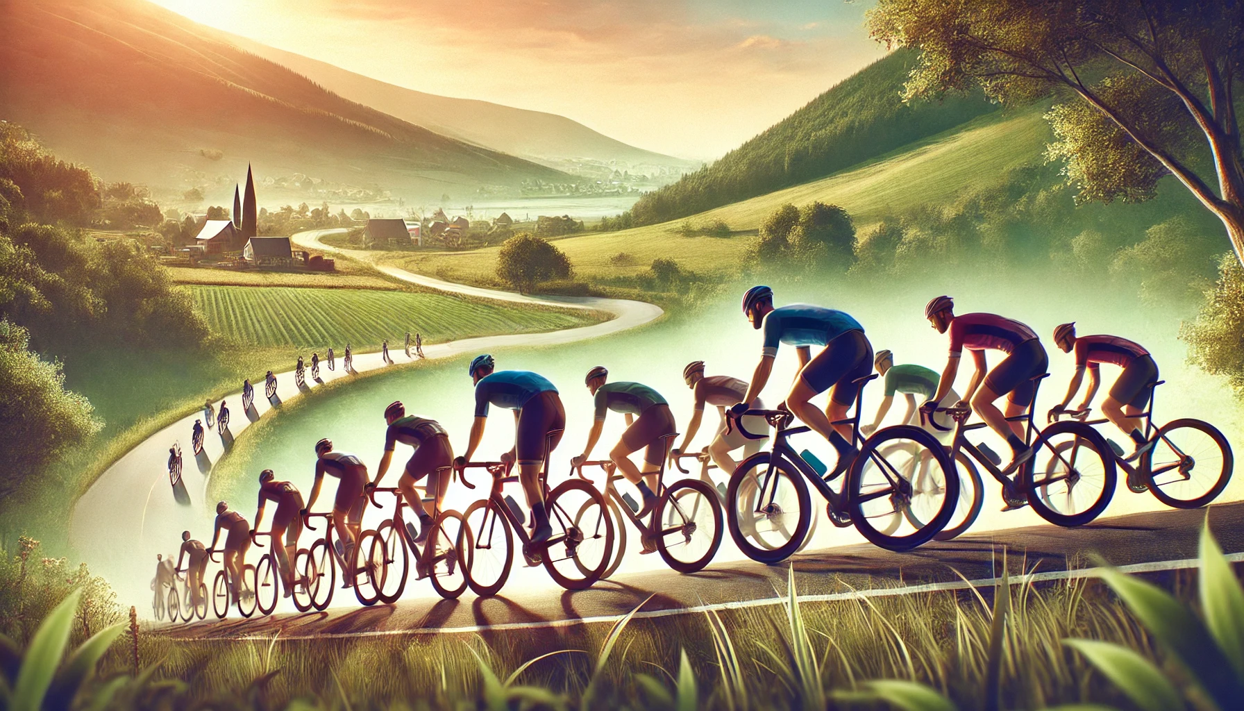 A group of cyclists riding together in formation on a country road.