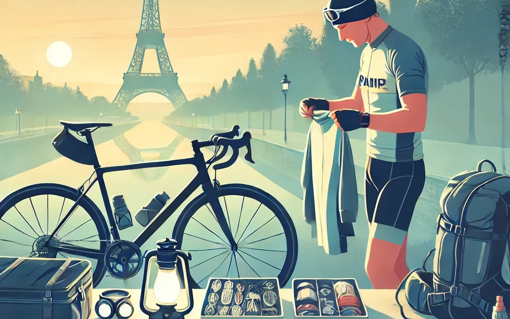 Cyclist organizing gear in front of a bike, preparing for a long-distance ride, with early morning light in the background.