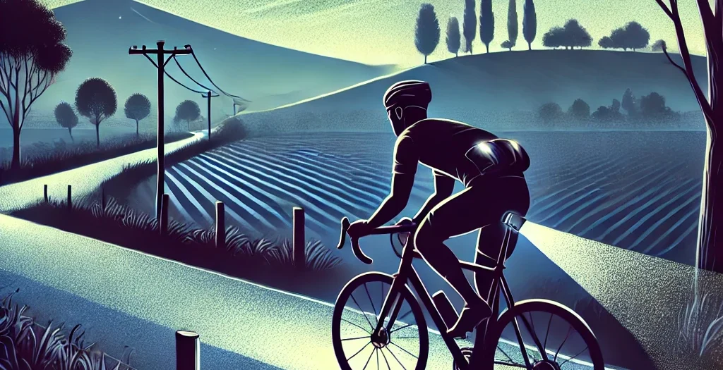 A cyclist riding through the night on a quiet rural road, illuminated by bike lights with a starry sky and moon overhead.