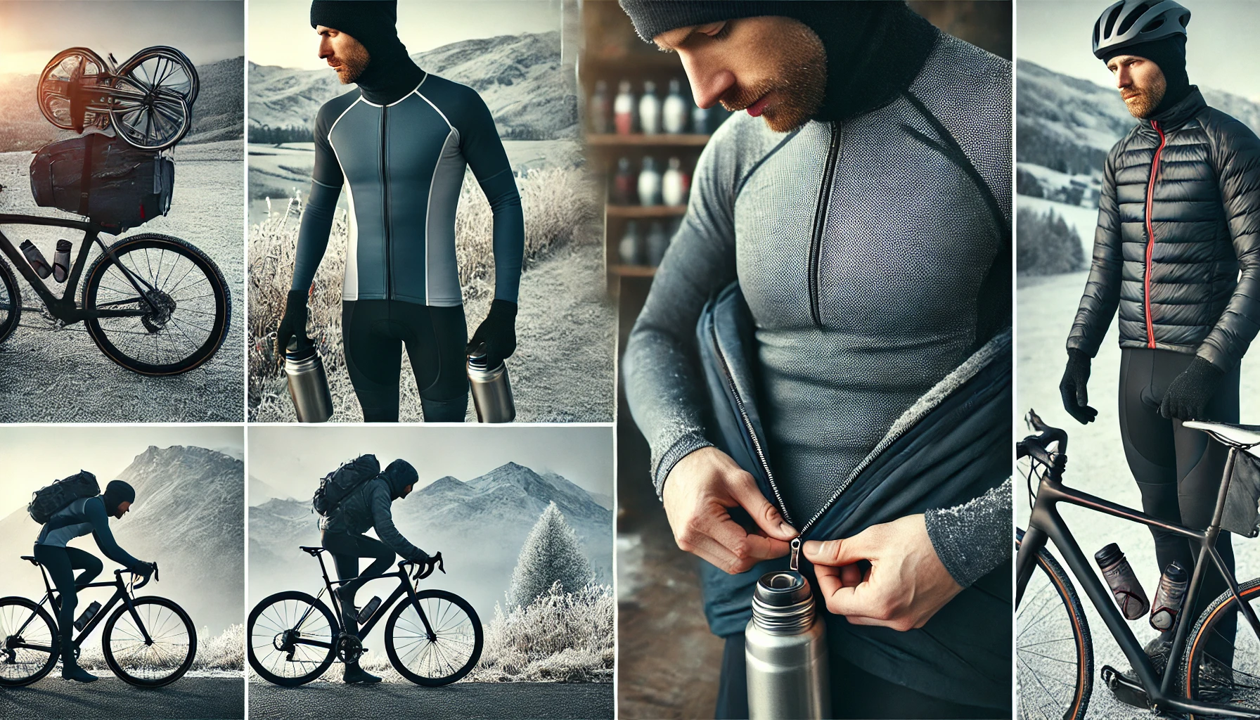 Close-up of a cyclist adjusting the zippers on their winter cycling jacket, with a frosty background.
