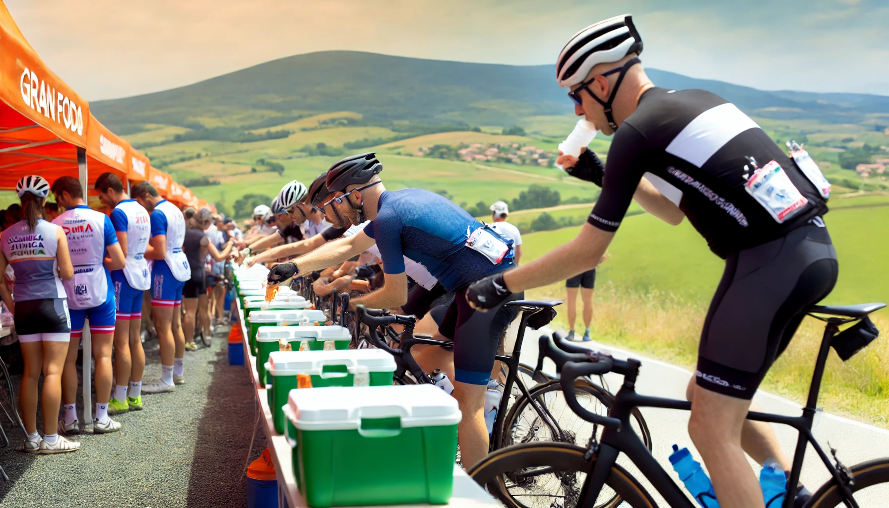 Multiple cyclists reaching for food and drinks at a feed station during a Gran Fondo event with a mountain backdrop.