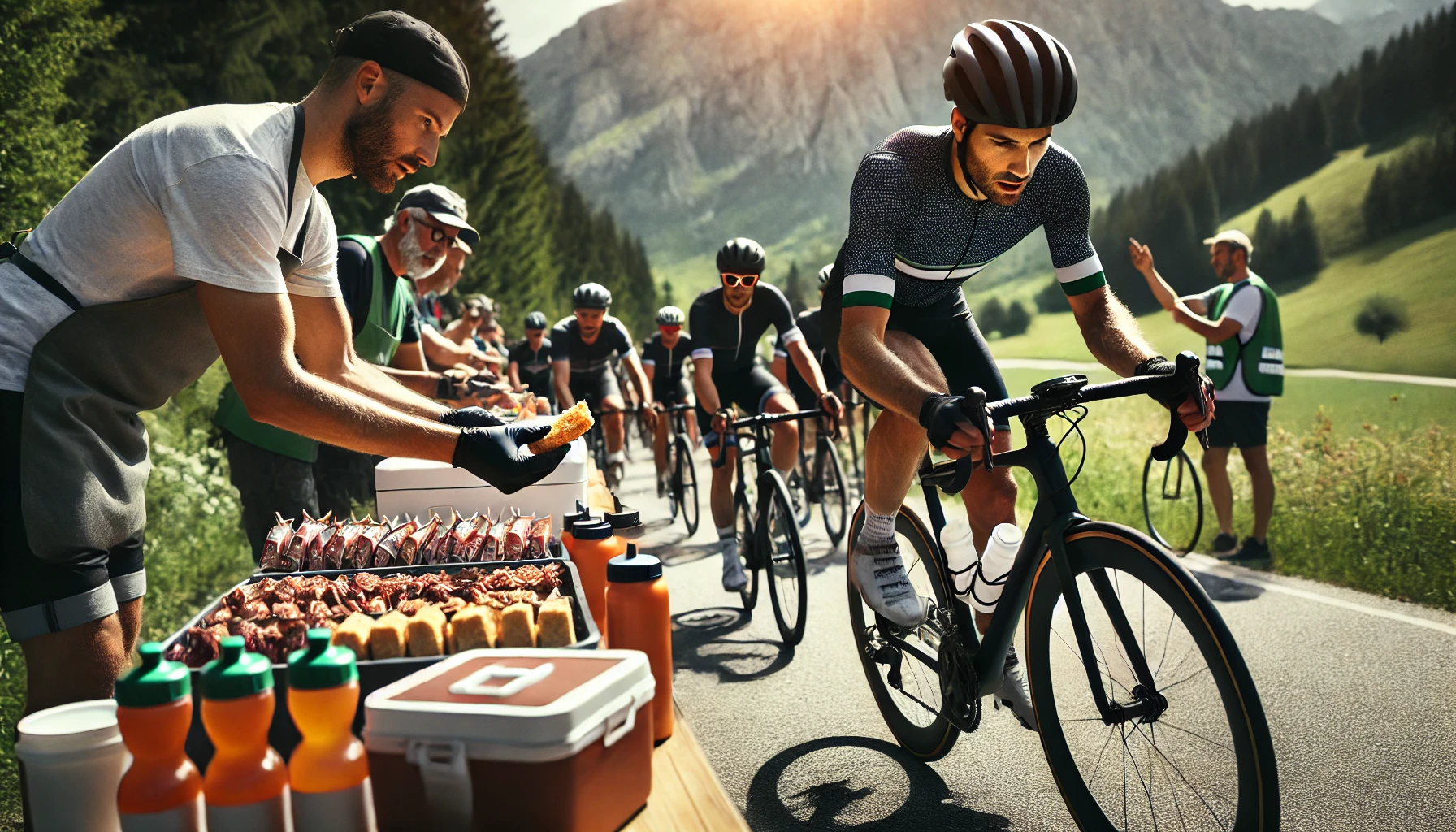 Cyclist reaching for food at a feed station during a Gran Fondo event, with a backdrop of mountains.