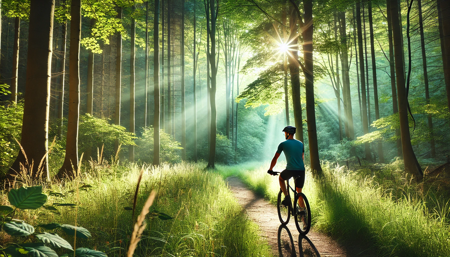 A cyclist rides through a lush green forest, enjoying the tranquility of nature.