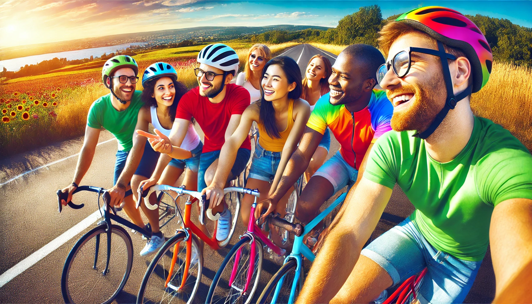 A group of diverse cyclists on a group ride, benefiting cycling for mental health
