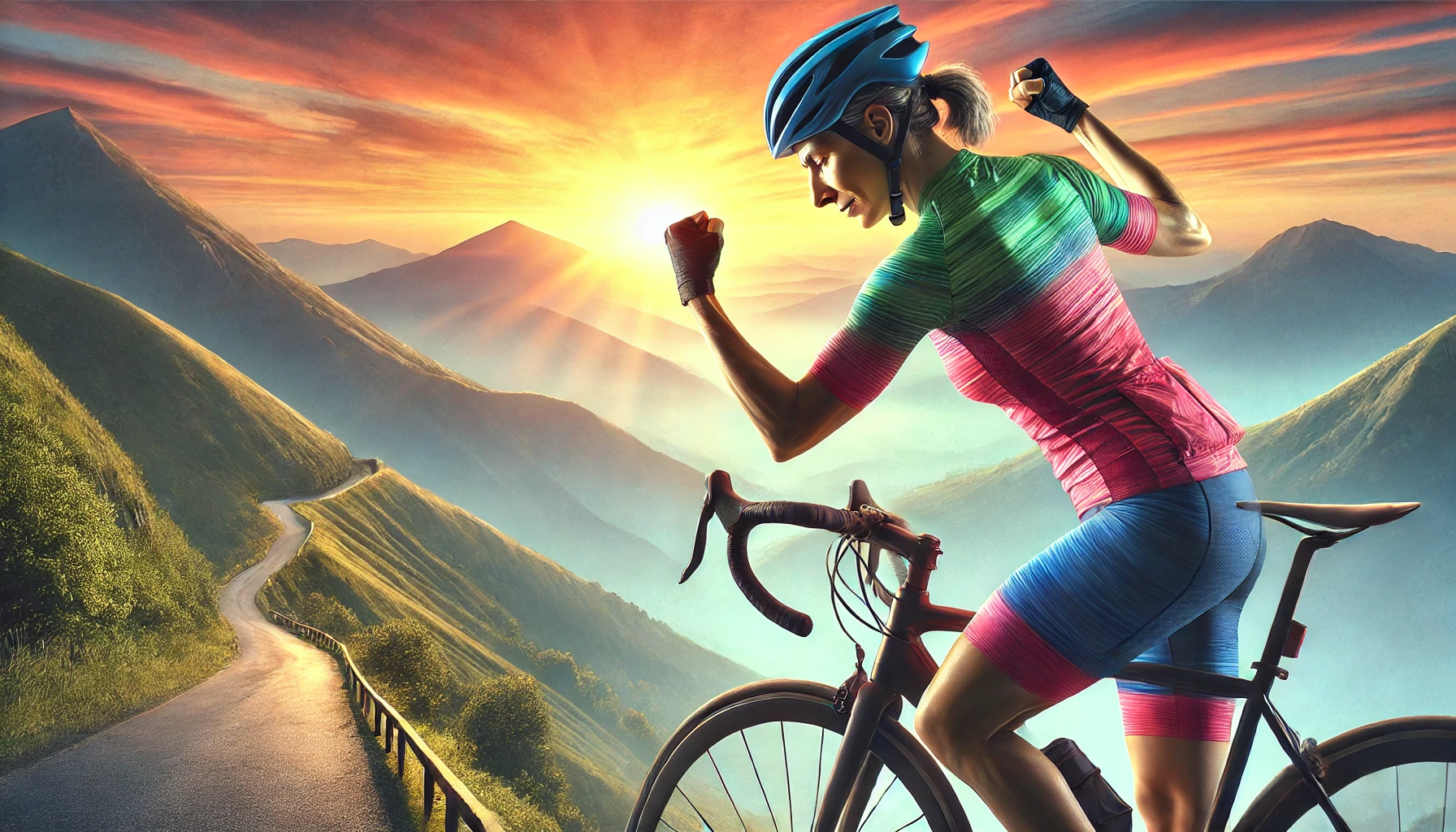 A female cyclist celebrating cycling for mental health