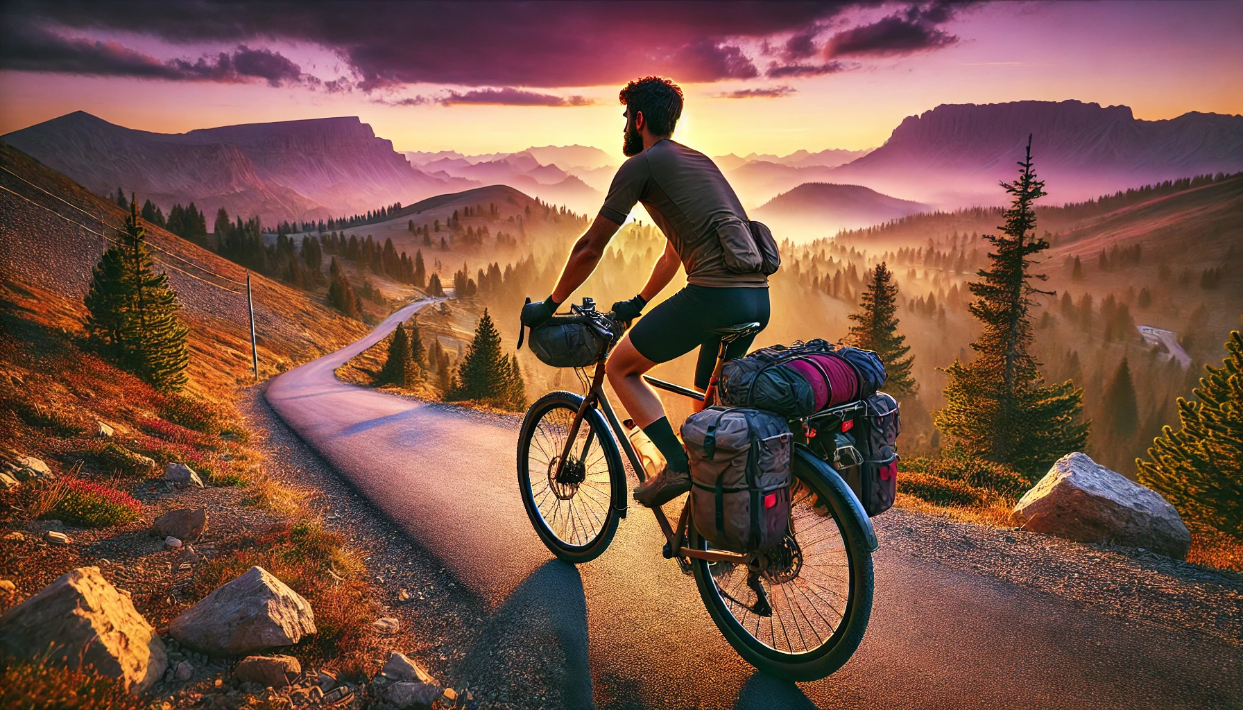 An adventure cyclist riding a touring bike on a mountain road at sunset, with panoramic views and colorful skies.