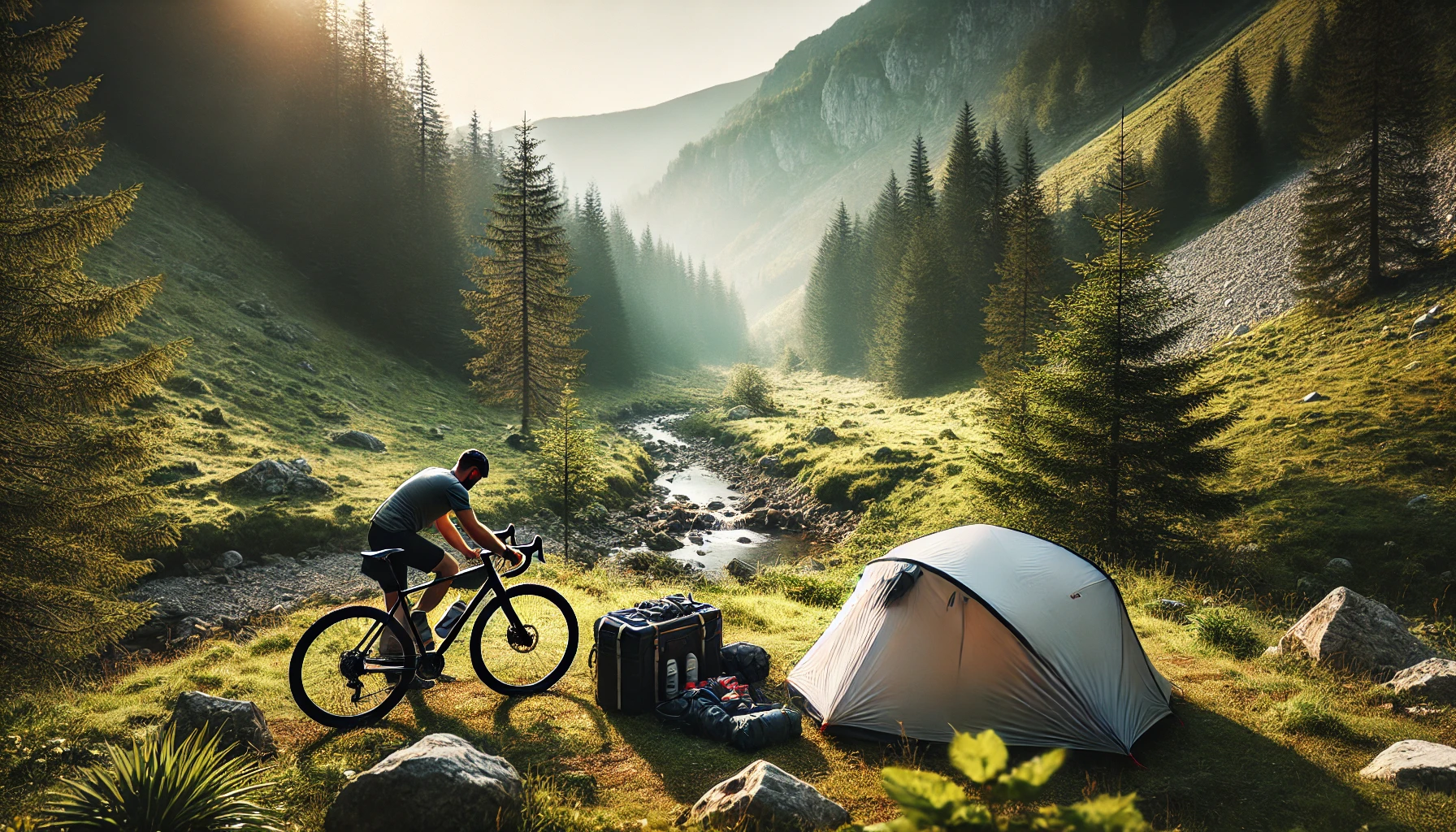 Cyclist setting up a lightweight tent next to a gravel bike in a remote mountainous area with lush greenery.